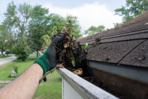Hand cleaning out leafs and debris from gutters.