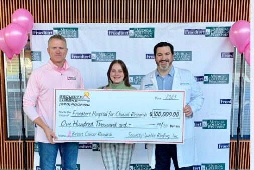 L-R, On Dec. 19, 2023, Shannon Alberts, president and owner of Security- Luebke Roofing, Inc., presented a $100,000 donation to the Froedtert & MCW Cancer Network. Alexandra Leutenegger, BSN, RN, clinical nurse manager of the Froedtert & MCW Breast Care Clinic at Froedtert Hospital campus, and Adam Curry, MD, radiation oncologist, accepted on behalf of the Cancer Network in Milwaukee.
