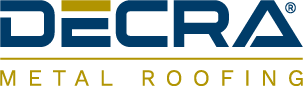 Logo of DECRA Metal Roofing, featuring the company name in blue with a yellow accent over "E," and "Metal Roofing" written below in yellow.