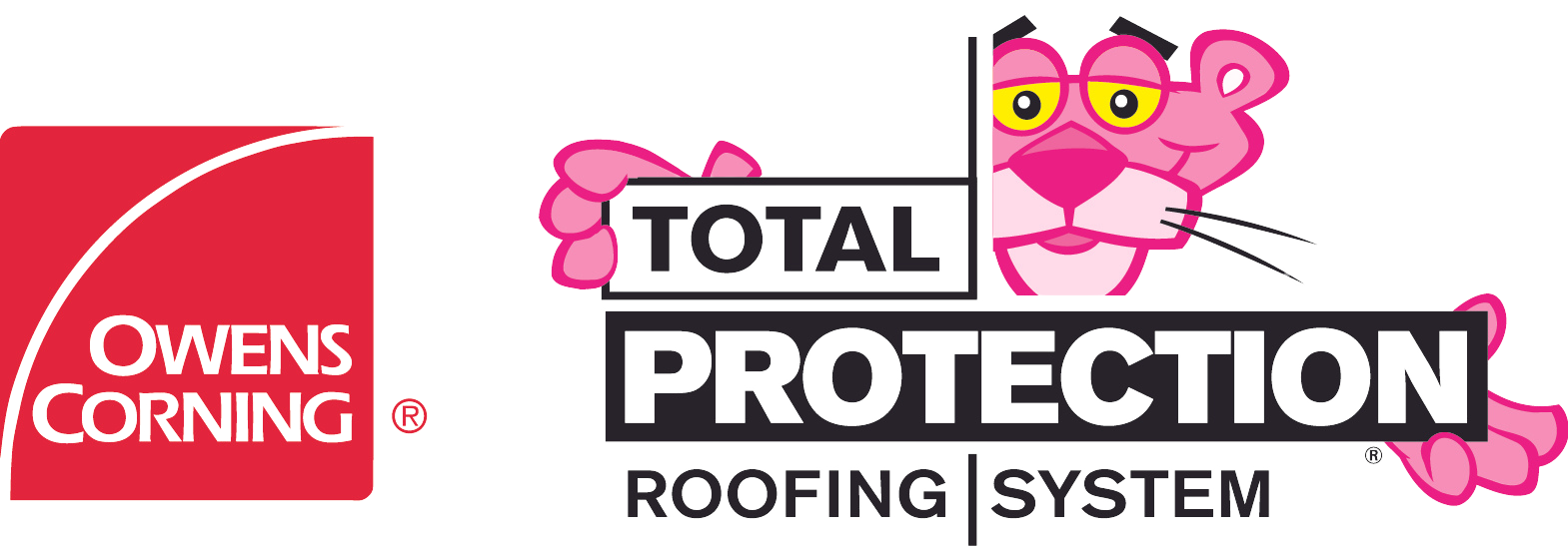 Square red Owens Corning logo left of the pink panther holding the words total protection roofing system