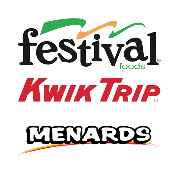 Business logos for Festival Foods, Kwik Trip, and Menards