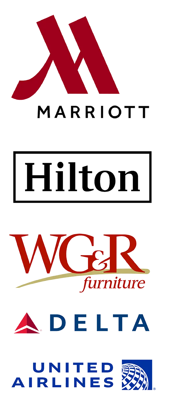 Business logos for Mariott, Hilton, WG&R Furniture, Delta, and United Airlines